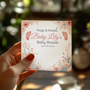 Personalized Baby Shower Napkins – Hugs & Kisses – Custom Baby Shower Napkin with Footprints & Florals – Romantic Blush Theme
