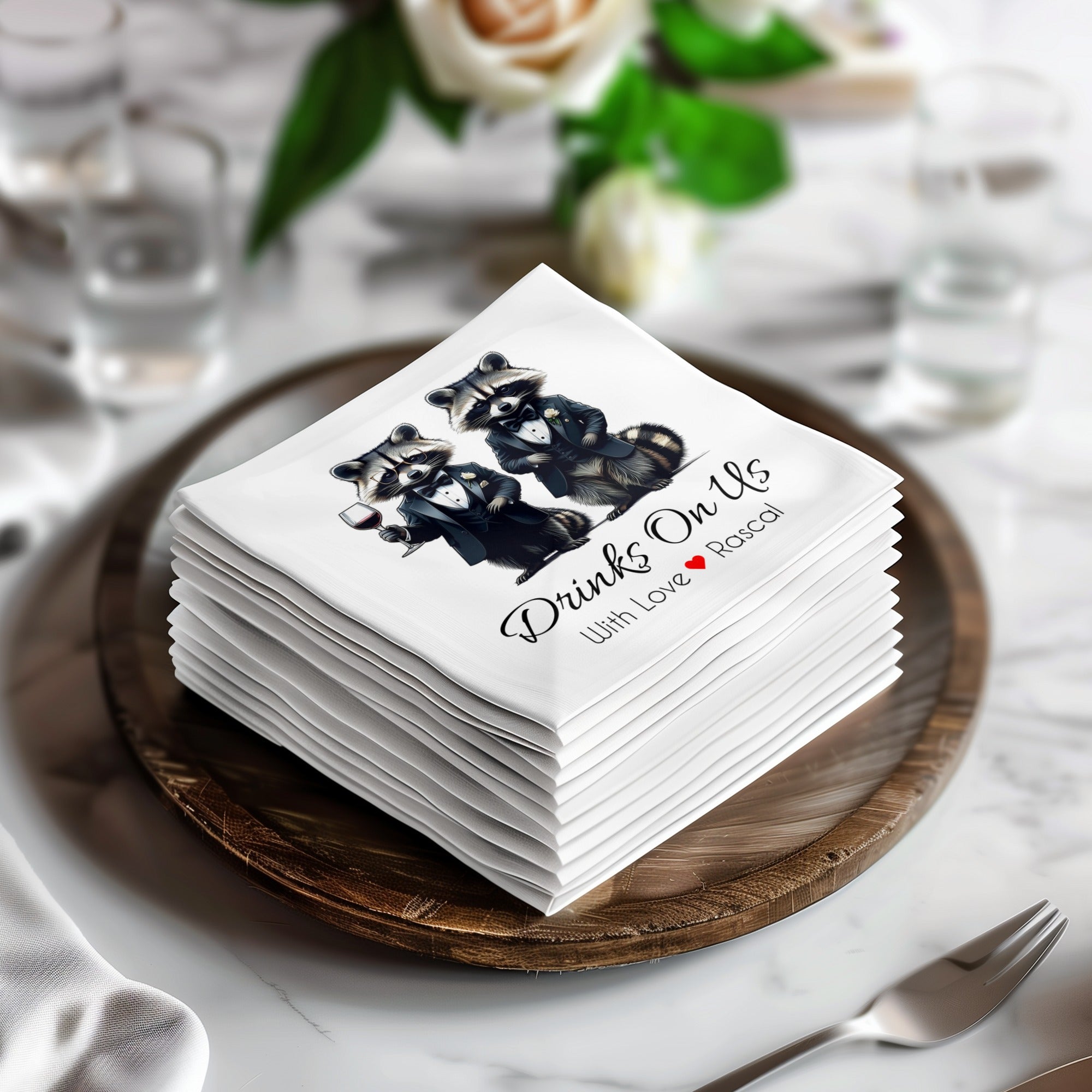 Tuxedo Raccoon Napkin, Funny Raccoon Napkin, Drinks On Us Napkin, Cute Animal Napkin, Party Napkin, Host Gift, Wedding Napkin