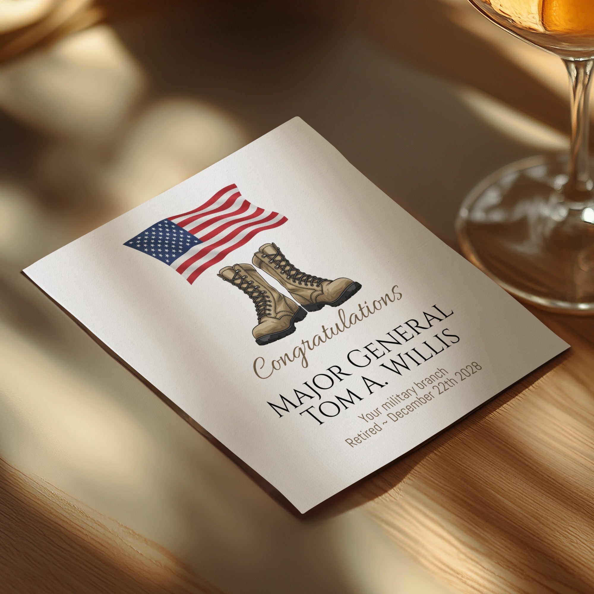 Military Retirement Napkin, Personalized Celebration, Patriotic American Flag, Veteran Appreciation Gift, Boots Napkin, Retirement Party
