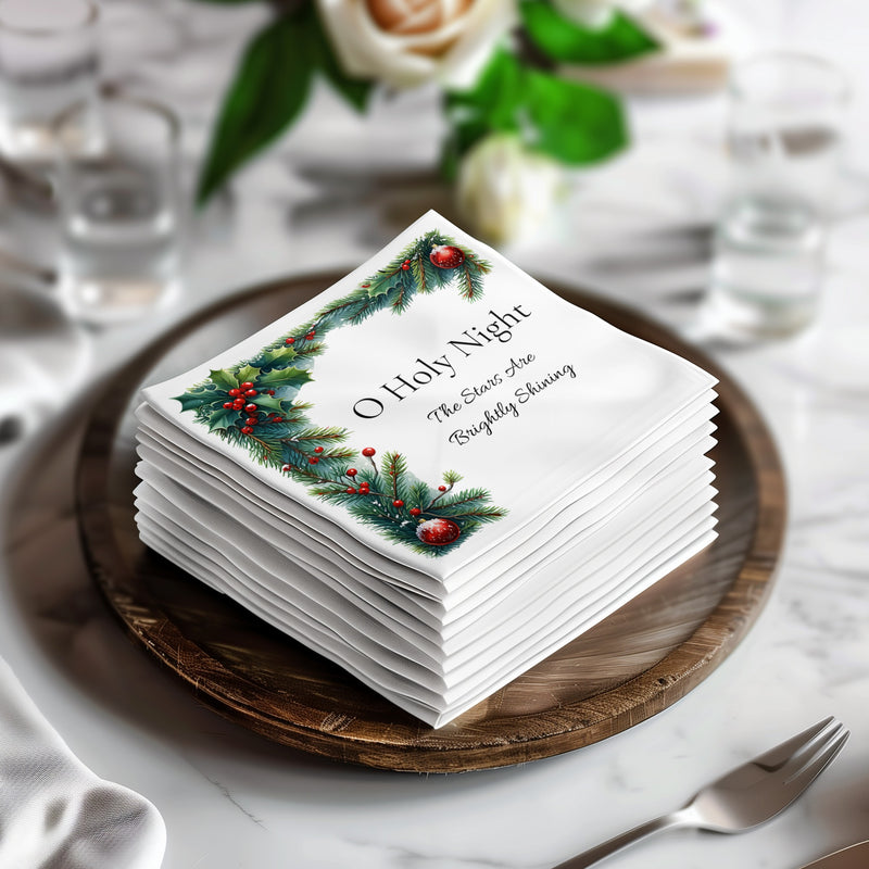 Religious Christmas Napkins – Custom Holiday Beverage Napkin with Quote – O Holy Night Design