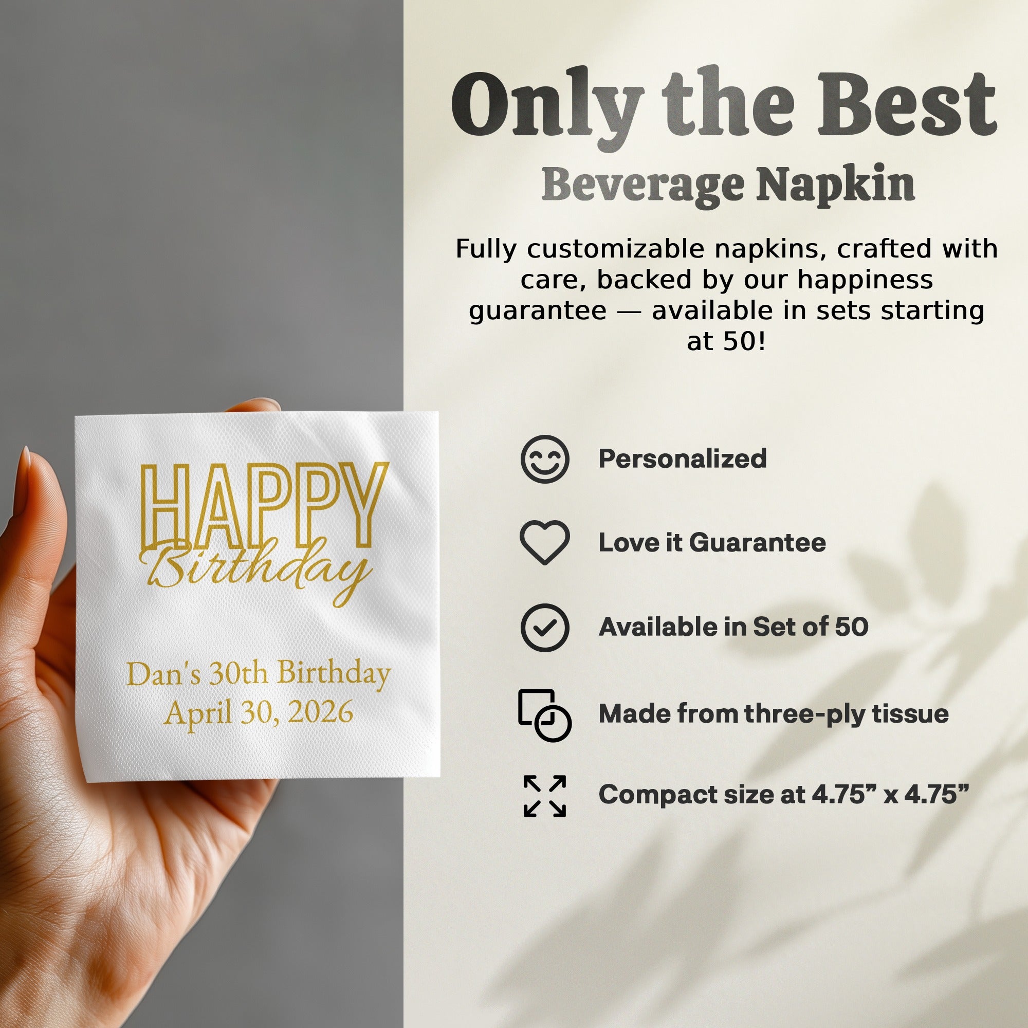 Custom Birthday Napkins – Personalized Happy Birthday Napkin with Name & Date – Elegant Gold Script Party Décor