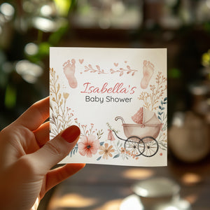 Personalized Baby Shower Napkins – Vintage Carriage – Custom Baby Shower Napkin with Name & Date – Classic Pastel Florals