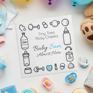 Personalized Baby Shower Napkins – Tiny Toes, Rosy Cheeks – Custom Baby Shower Napkin with Monochrome Icons – Gender‑Neutral Accent