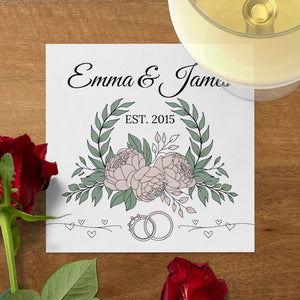 Personalized Wedding Napkins – Established Date with Rings – Custom Wedding Napkin with Floral Accents – Classic Botanical Theme