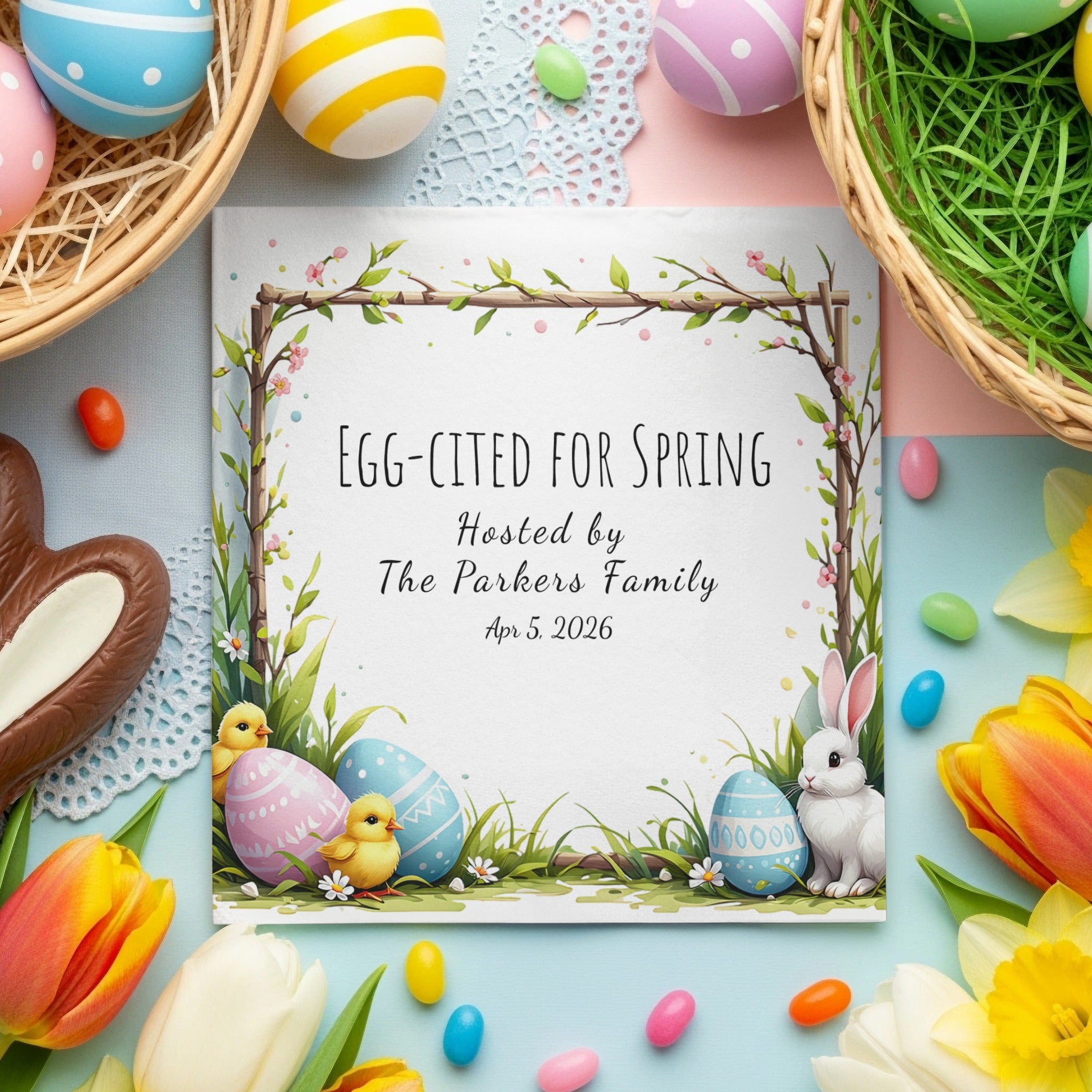 Custom Easter Napkins – Egg-cited for Spring – Bunny & Easter Egg Party Napkins