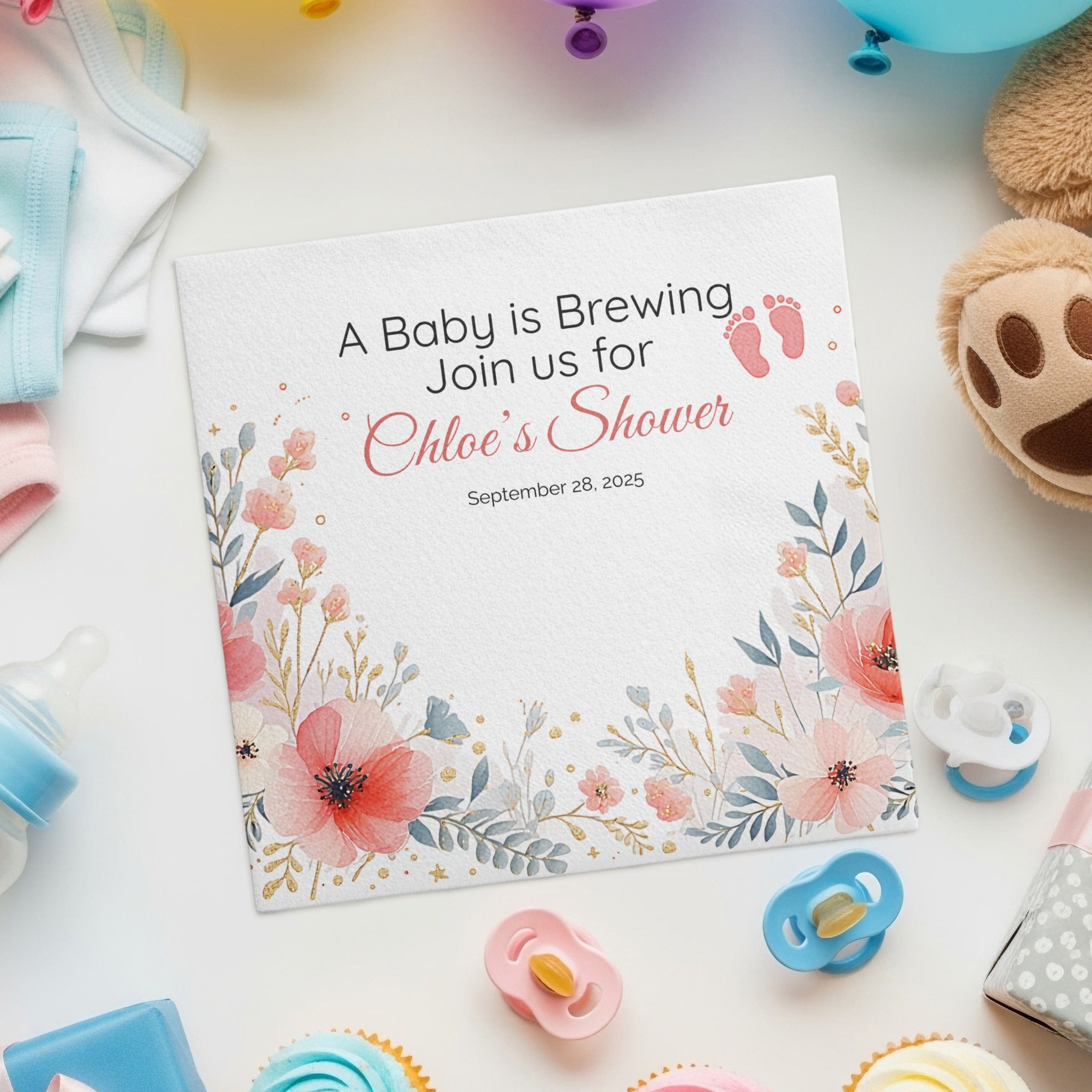 Personalized Baby Shower Napkins – A Baby Is Brewing – Custom Baby Shower Napkin with Florals & Footprints – Whimsical Tea Theme