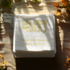 Custom Birthday Napkins – Personalized Happy Birthday Napkin with Name & Date – Elegant Gold Script Party Décor