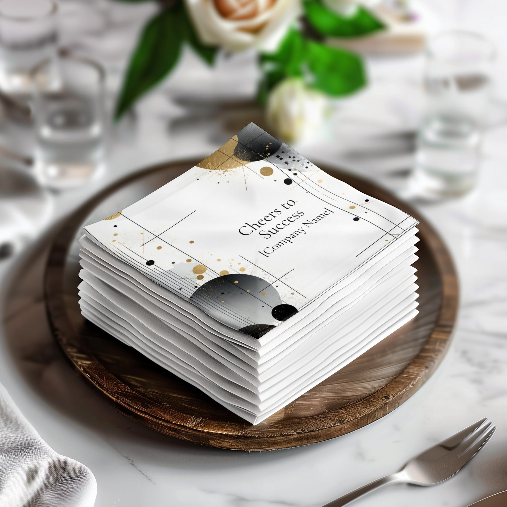 Personalized Corporate Event Napkins – Custom Logo & Company Name – Modern Geometric Black and Gold Design – Cheers to Success