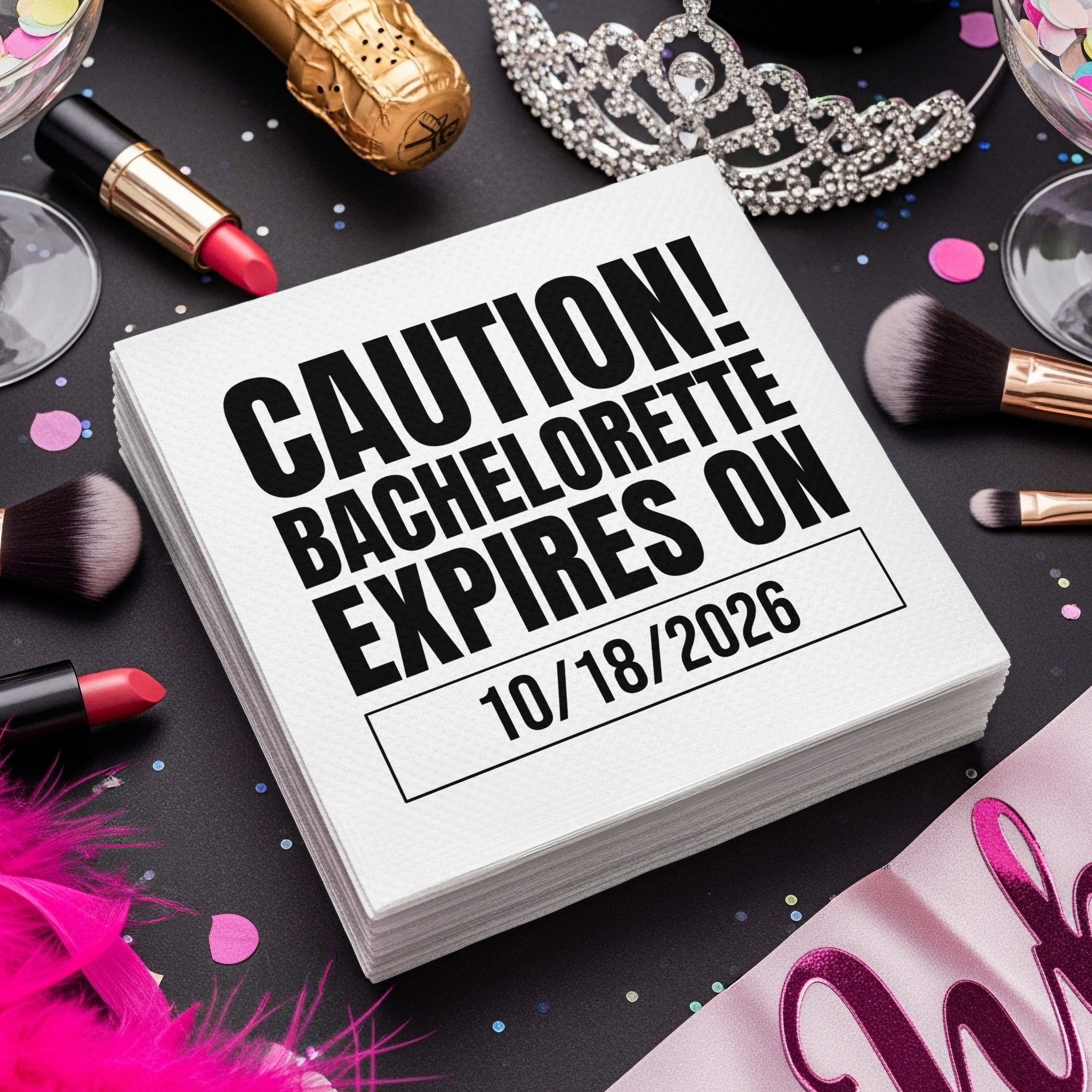 Personalized Bachelorette Napkins – Caution! Bachelorette Expires – Custom Party Napkins with Date
