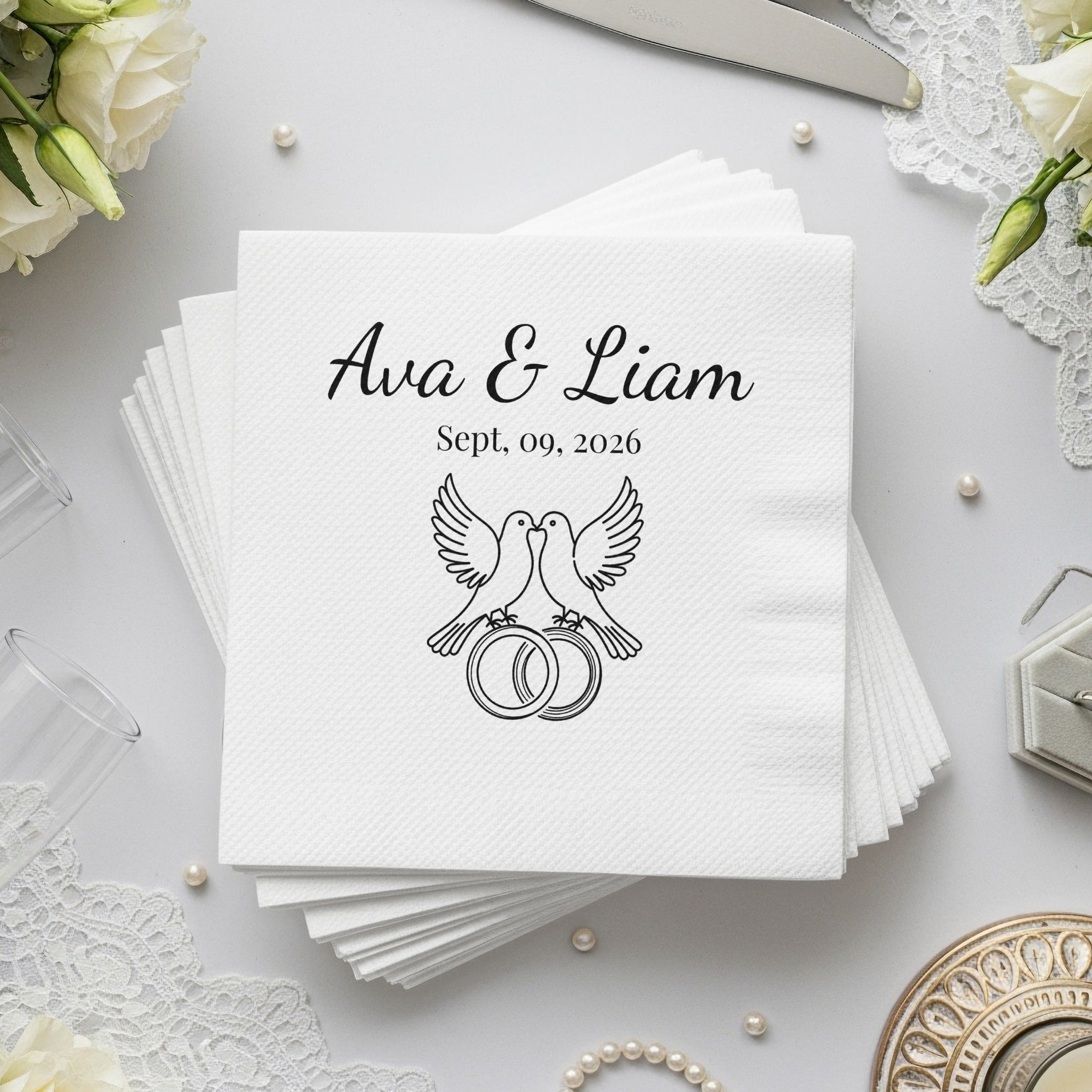 Personalized Wedding Napkins – Love Birds & Rings – Custom Wedding Napkin with Doves and Rings – Symbol of Commitment