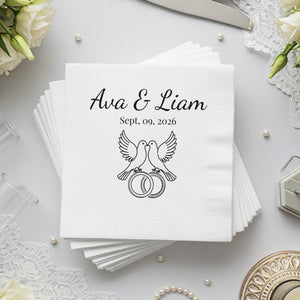 Personalized Wedding Napkins – Love Birds & Rings – Custom Wedding Napkin with Doves and Rings – Symbol of Commitment