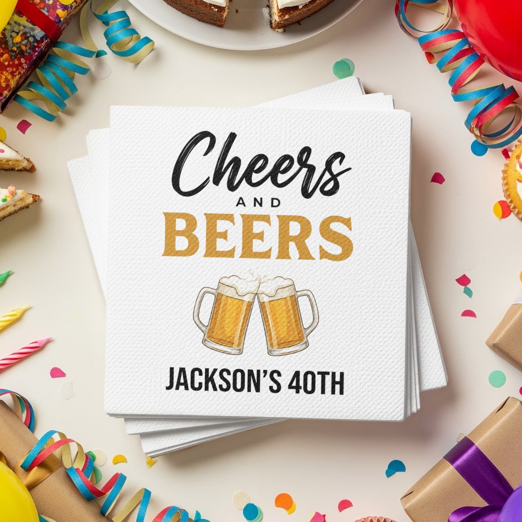 Cheers & Beers Party Name and Age Birthday Cocktail Napkins
