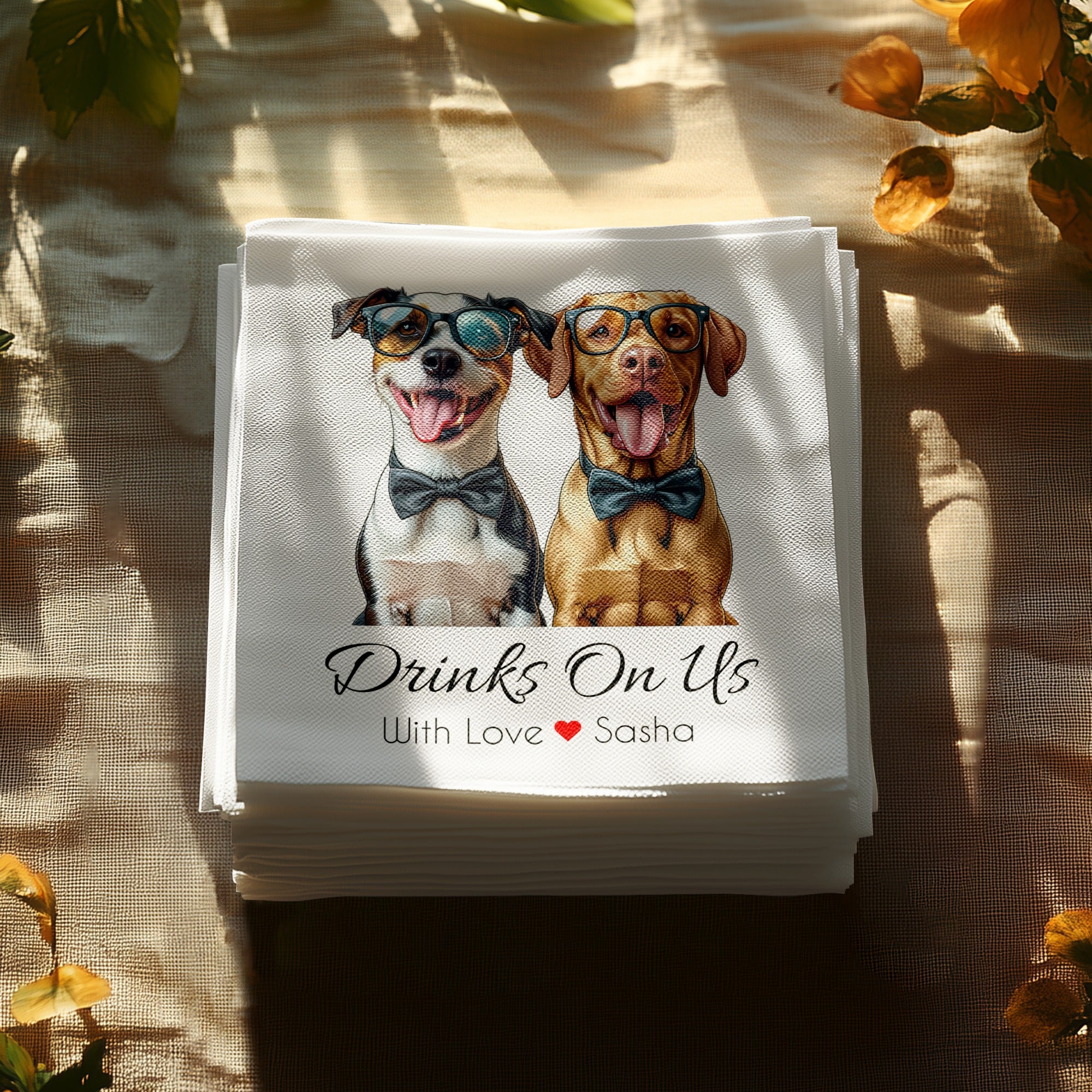 Drinks On Us Napkin, Dog Napkin, Dog With Glasses, Jack Russell Napkin, Labrador Napkin, Custom Napkin, Party Napkin, Funny Napkin