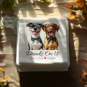 Drinks On Us Napkin, Dog Napkin, Dog With Glasses, Jack Russell Napkin, Labrador Napkin, Custom Napkin, Party Napkin, Funny Napkin