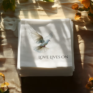 Personalized Memorial Napkins – Love Lives On – Custom Funeral Napkin with Dove Art – Elegant Memorial Table Decor