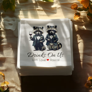Tuxedo Raccoon Napkin, Funny Raccoon Napkin, Drinks On Us Napkin, Cute Animal Napkin, Party Napkin, Host Gift, Wedding Napkin