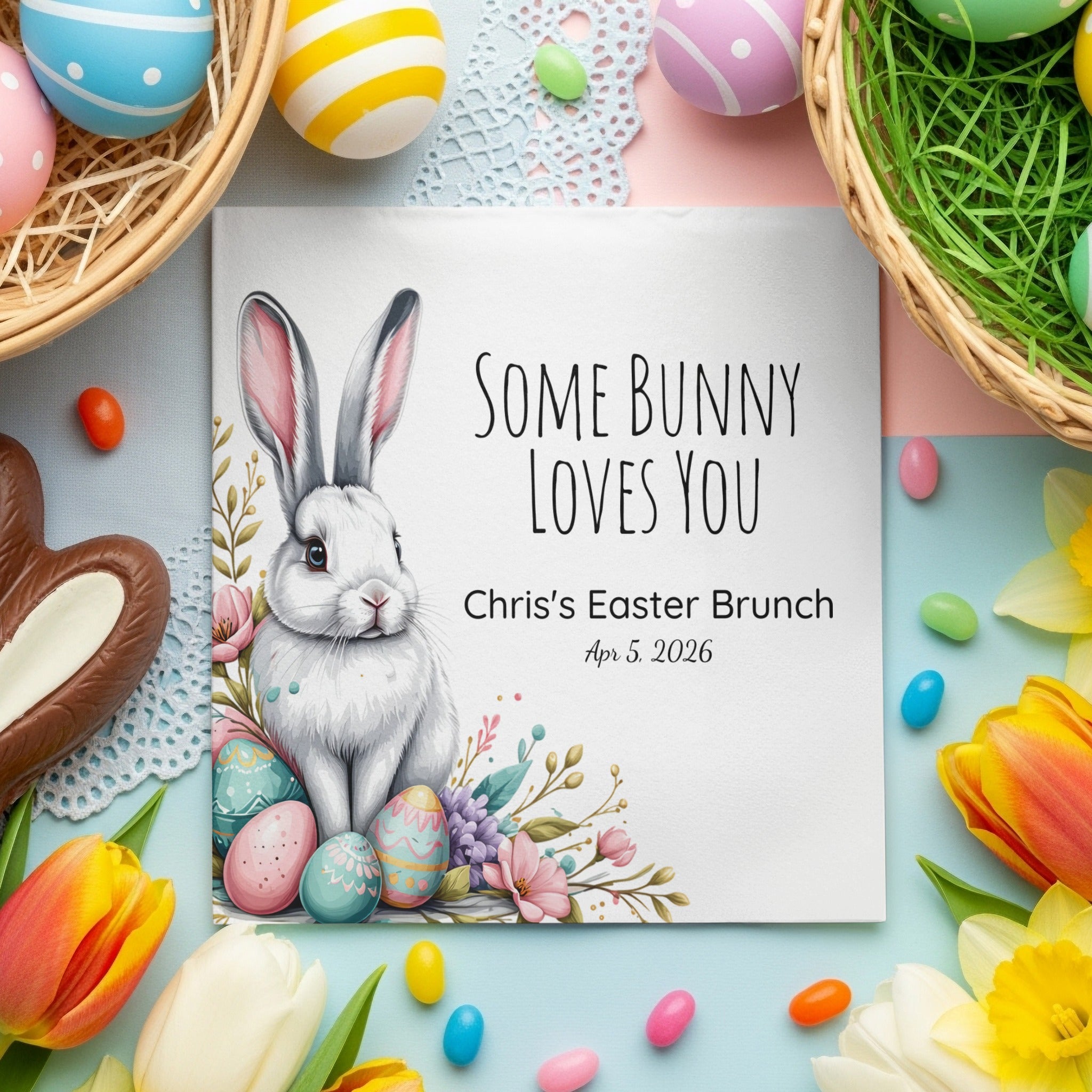 Personalized Easter Napkins – Some Bunny Loves You – Custom Easter Brunch Napkins with Bunny & Eggs – Spring Celebration Decor