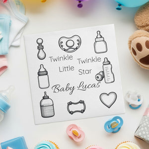 Personalized Baby Shower Napkins – Twinkle Twinkle Little Star – Custom Baby Shower Napkin with Nursery Sketch Icons – Neutral Black & White