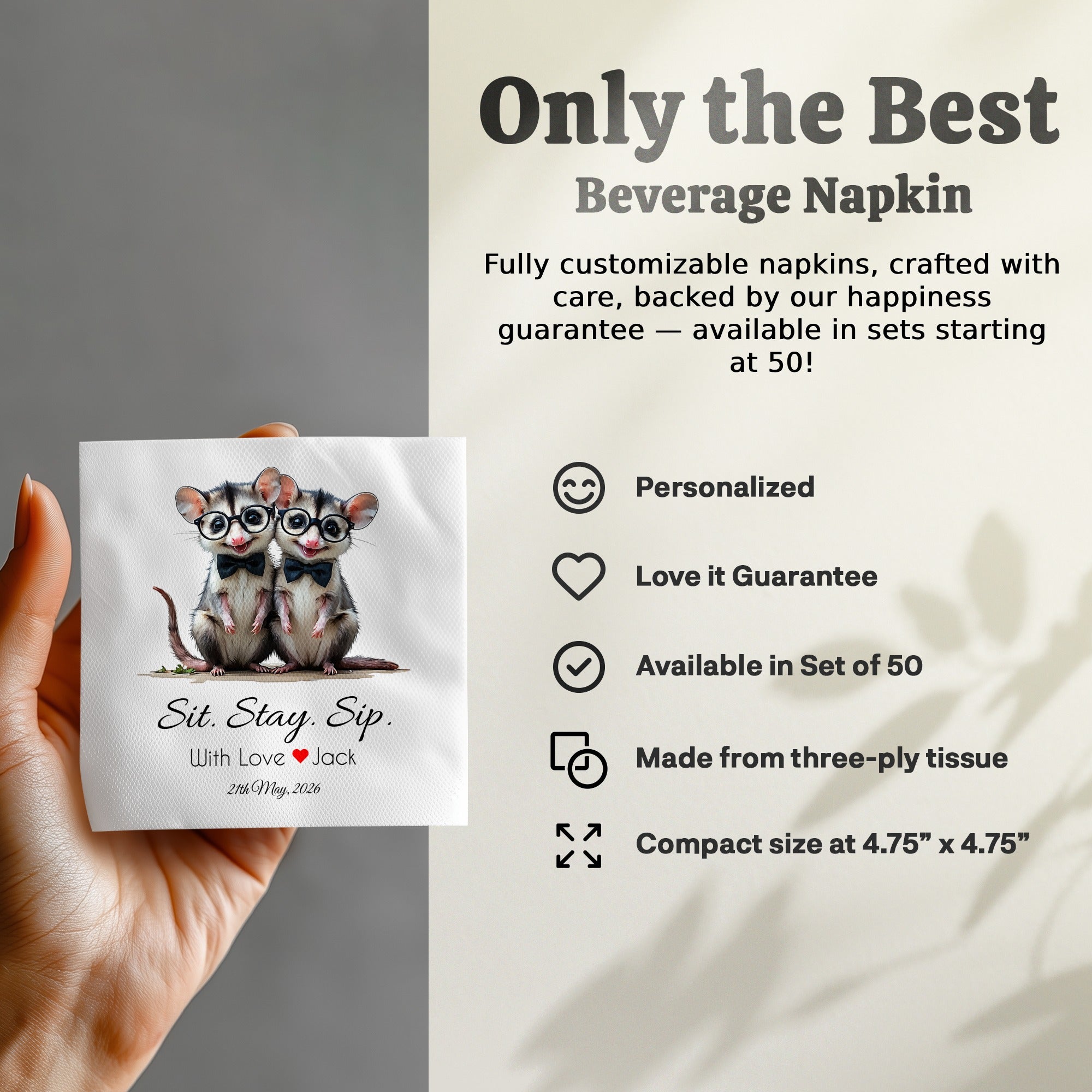 Possum Napkin, Sit Stay Sip Napkin, Animal Napkin, Cute Napkin, Personalized Napkin, Funny Napkin, Wedding Napkin, Event Napkin