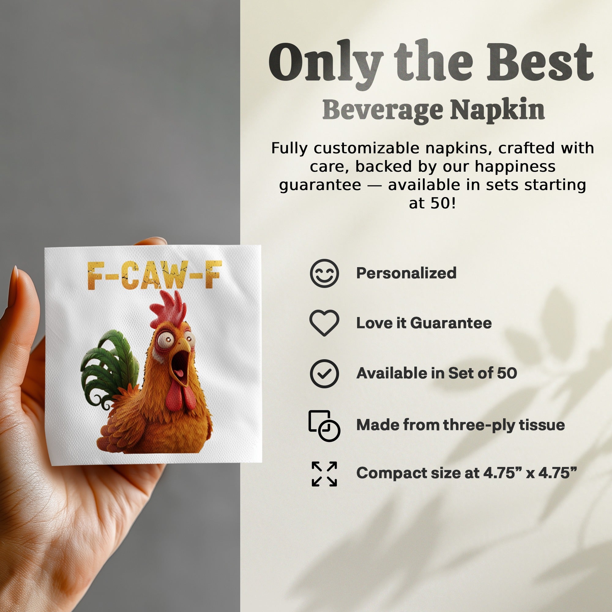 Funny Chicken Napkin, Cartoon Rooster Art, Novelty Gag Gift Napkin, F-CAW-F Chicken Napkin, Humor Dinner Napkin, Farm Animal