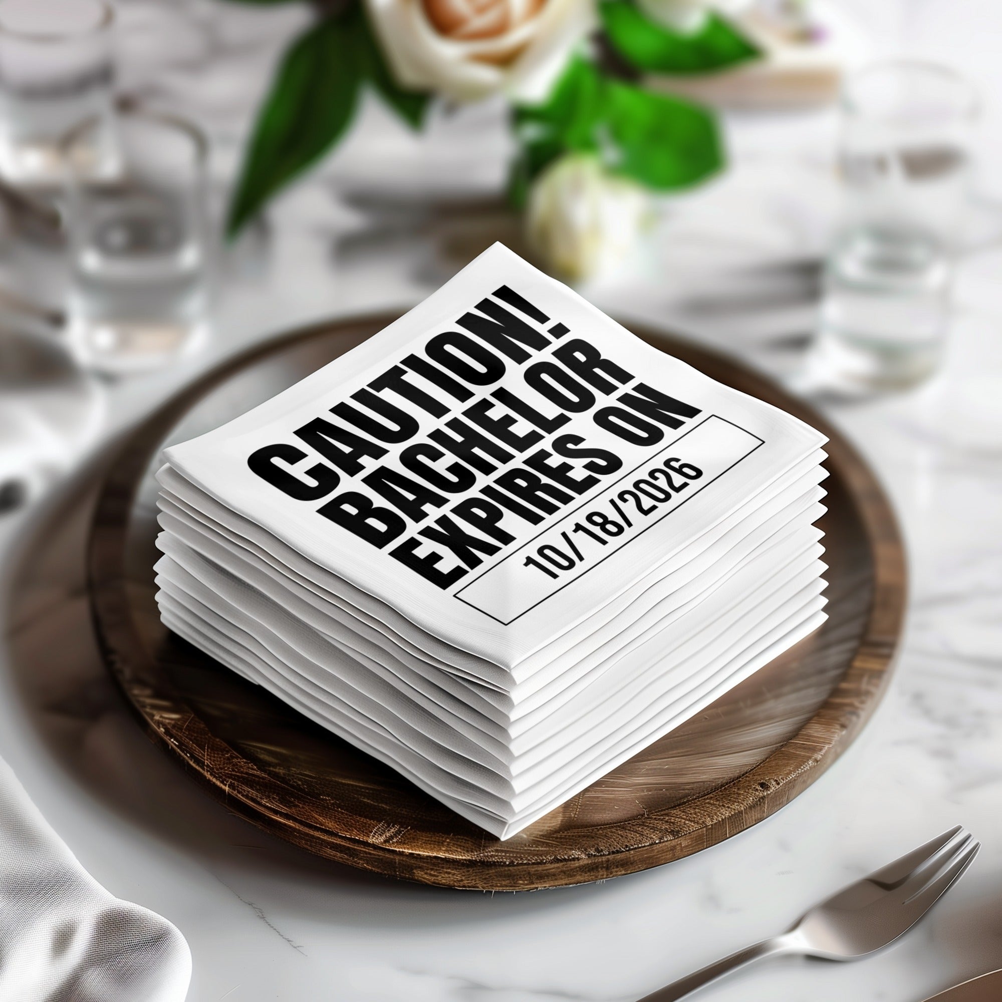 Personalized Bachelor Napkins – Caution! Bachelor Expires – Custom Party Napkins with Date