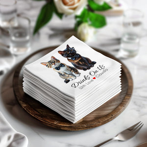 Cats Napkin, Funny Cat Napkins, Party Napkins, Drinks On Us Napkin, Pet Lover Gift, Cat with Bow Tie, Cute Cat Napkins