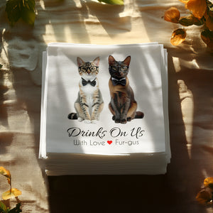 Cat Napkin, Drinks On Us, Kitten Napkin, Funny Napkin, Cat Lover Gift, Hostess Gift, Party Napkin, Cat Art Napkin, Unique Napkin