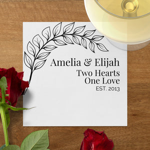 Personalized Wedding Napkins – Two Hearts One Love – Custom Wedding Napkin with Leaf Branch Design – Elegant Black & White Style
