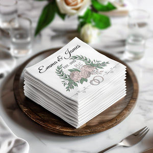 Personalized Wedding Napkins – Established Date with Rings – Custom Wedding Napkin with Floral Accents – Classic Botanical Theme