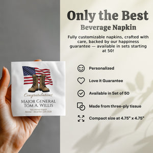 Military Retirement Napkin, Personalized Gift, US Flag, Boots, Major General, Retirement Party Decoration, Military Party Supplies