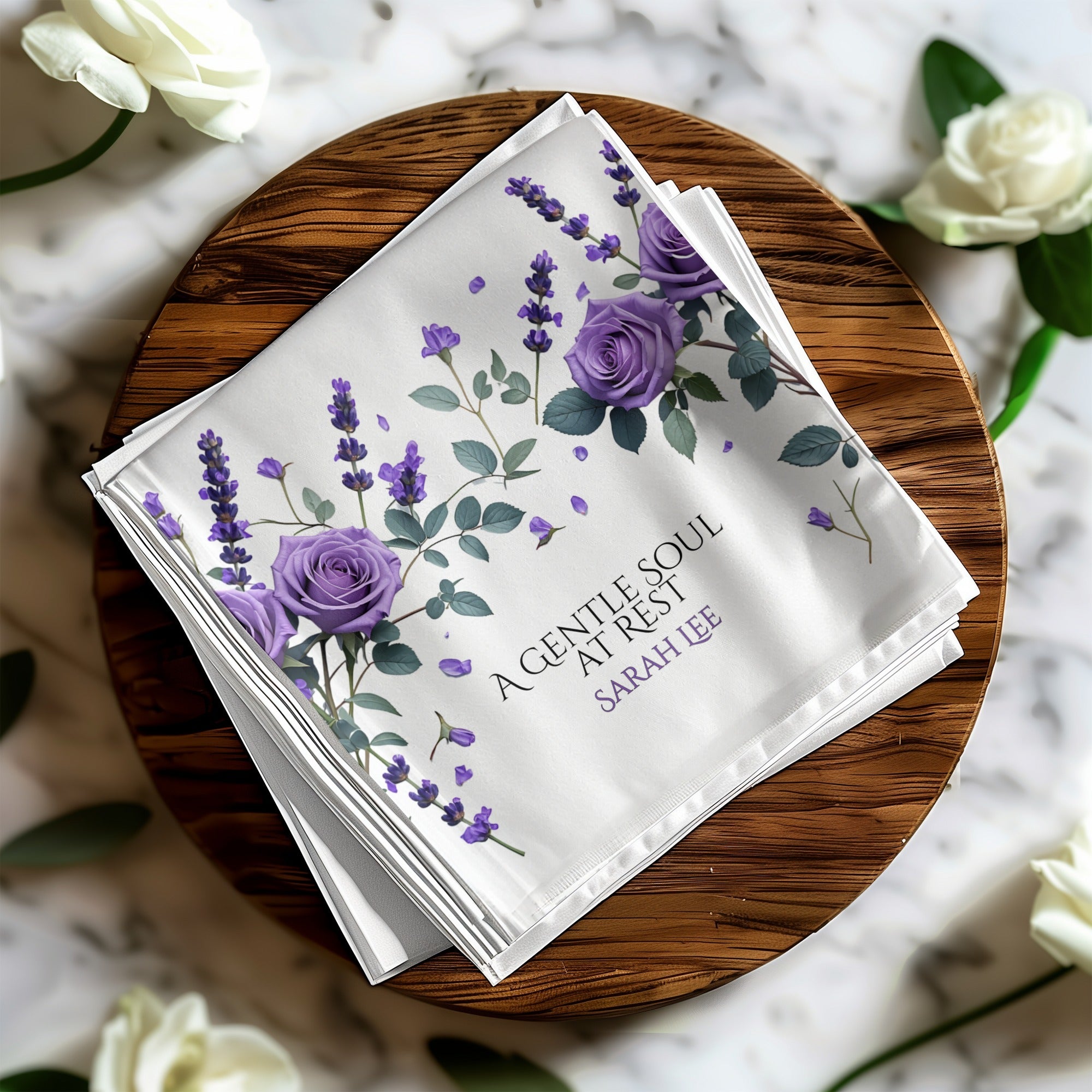 Personalized Memorial Napkins – A Gentle Soul at Rest – Custom Funeral Name & Years Napkin with Purple Rose & Lavender Floral Design