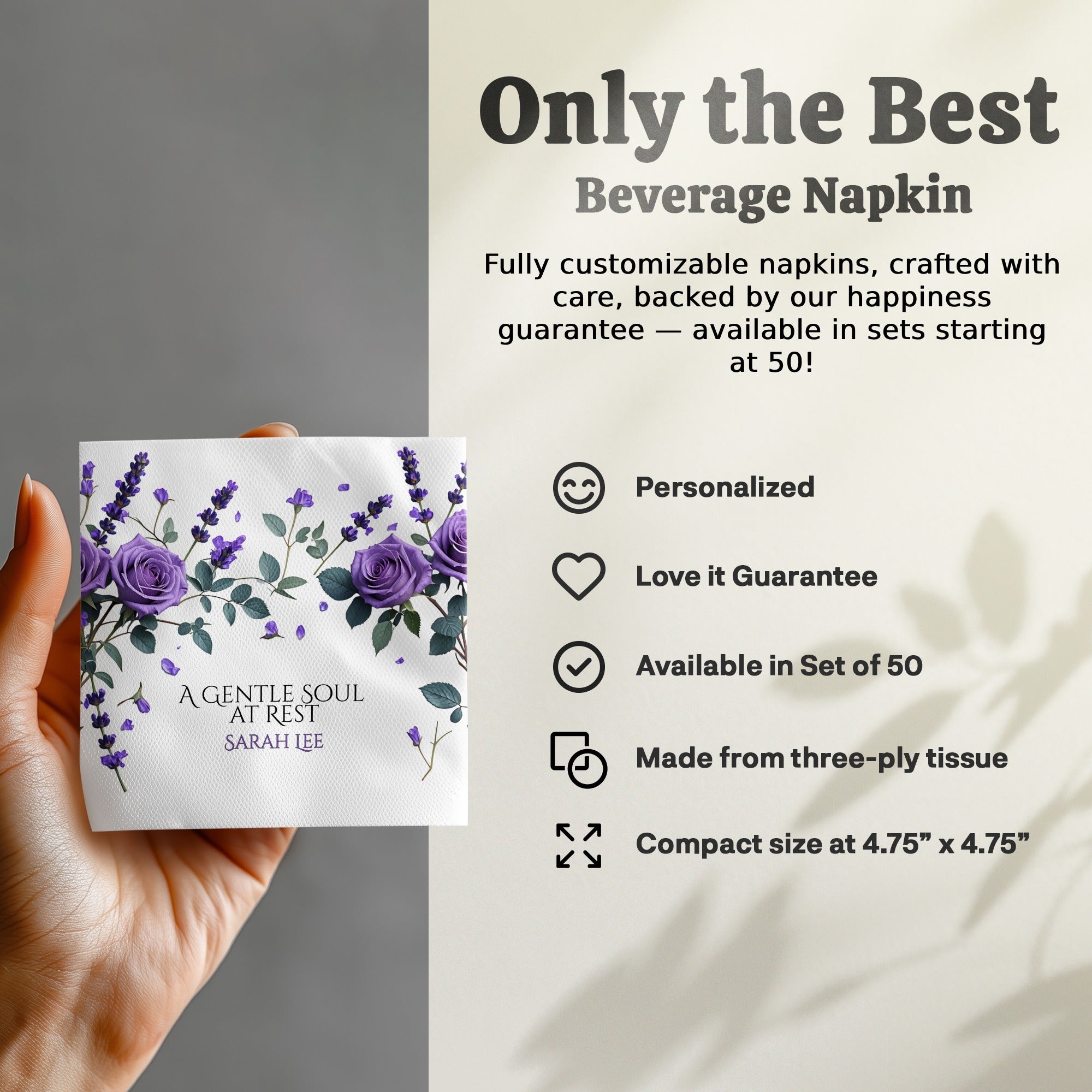 Personalized Memorial Napkins – A Gentle Soul at Rest – Custom Funeral Name & Years Napkin with Purple Rose & Lavender Floral Design