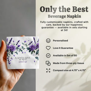 Personalized Memorial Napkins – A Gentle Soul at Rest – Custom Funeral Name & Years Napkin with Purple Rose & Lavender Floral Design