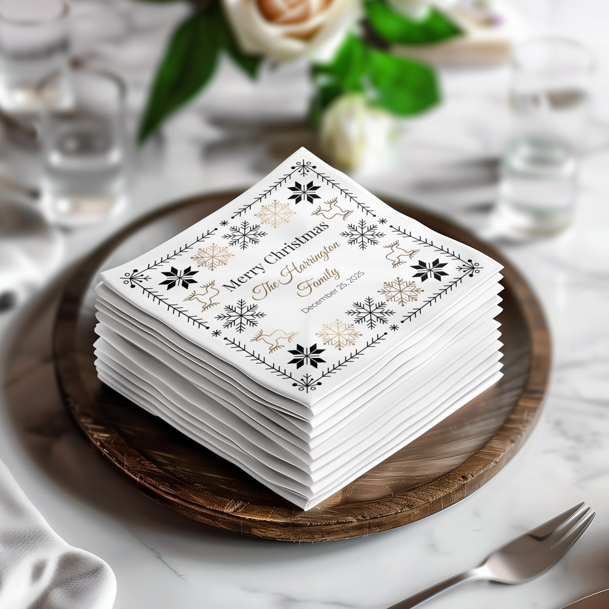 Custom Christmas Napkins – Personalized Holiday Beverage Napkin with Family Name – Nordic Snowflake & Reindeer Design