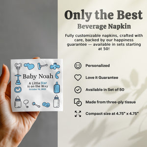 Personalized Baby Shower Napkins – A Little Star Is on the Way – Custom Baby Shower Napkin with Blue Icons – Boy Theme