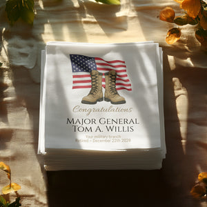 Military Retirement Napkin, Personalized Gift, US Flag, Boots, Major General, Retirement Party Decoration, Military Party Supplies