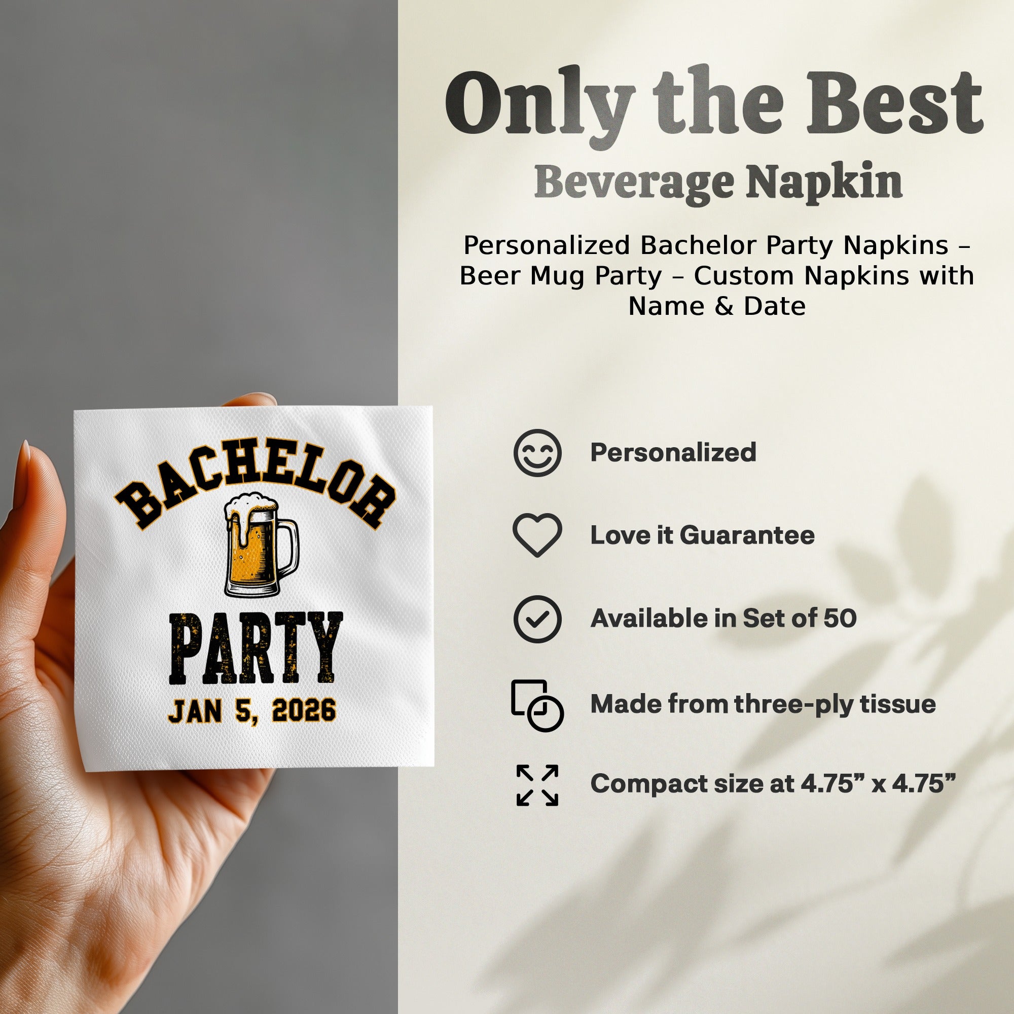 Personalized Bachelor Party Napkins – Beer Mug Party – Custom Napkins with Name & Date