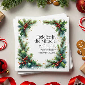 Religious Christmas Napkins – Personalized Holiday Beverage Napkin with Holly & Pine Border – Rejoice in the Miracle of Christmas