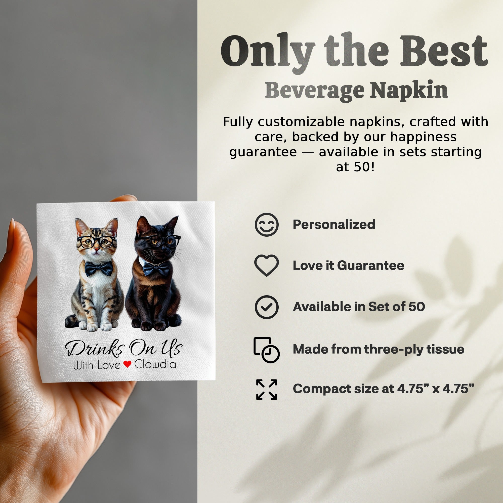 Cats Napkin, Funny Cat Napkins, Party Napkins, Drinks On Us Napkin, Pet Lover Gift, Cat with Bow Tie, Cute Cat Napkins