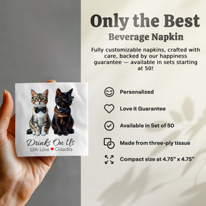 Cats Napkin, Funny Cat Napkins, Party Napkins, Drinks On Us Napkin, Pet Lover Gift, Cat with Bow Tie, Cute Cat Napkins