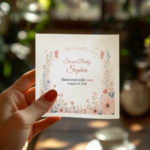 Personalized Baby Shower Napkins – Sweet Baby – Showered with Love – Custom Baby Shower Napkin with Florals & Footprints