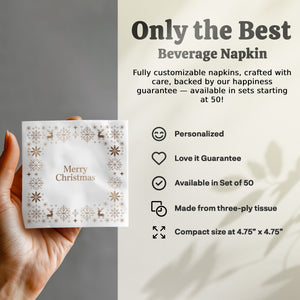 Minimalist Christmas Napkins – Personalized Holiday Beverage Napkin with Snowflake Border - Merry Christmas