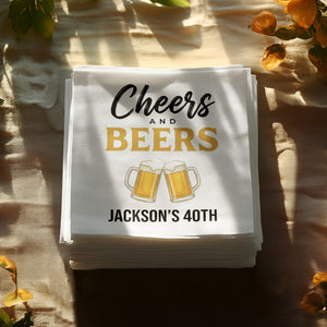 Cheers & Beers Party Name and Age Birthday Cocktail Napkins