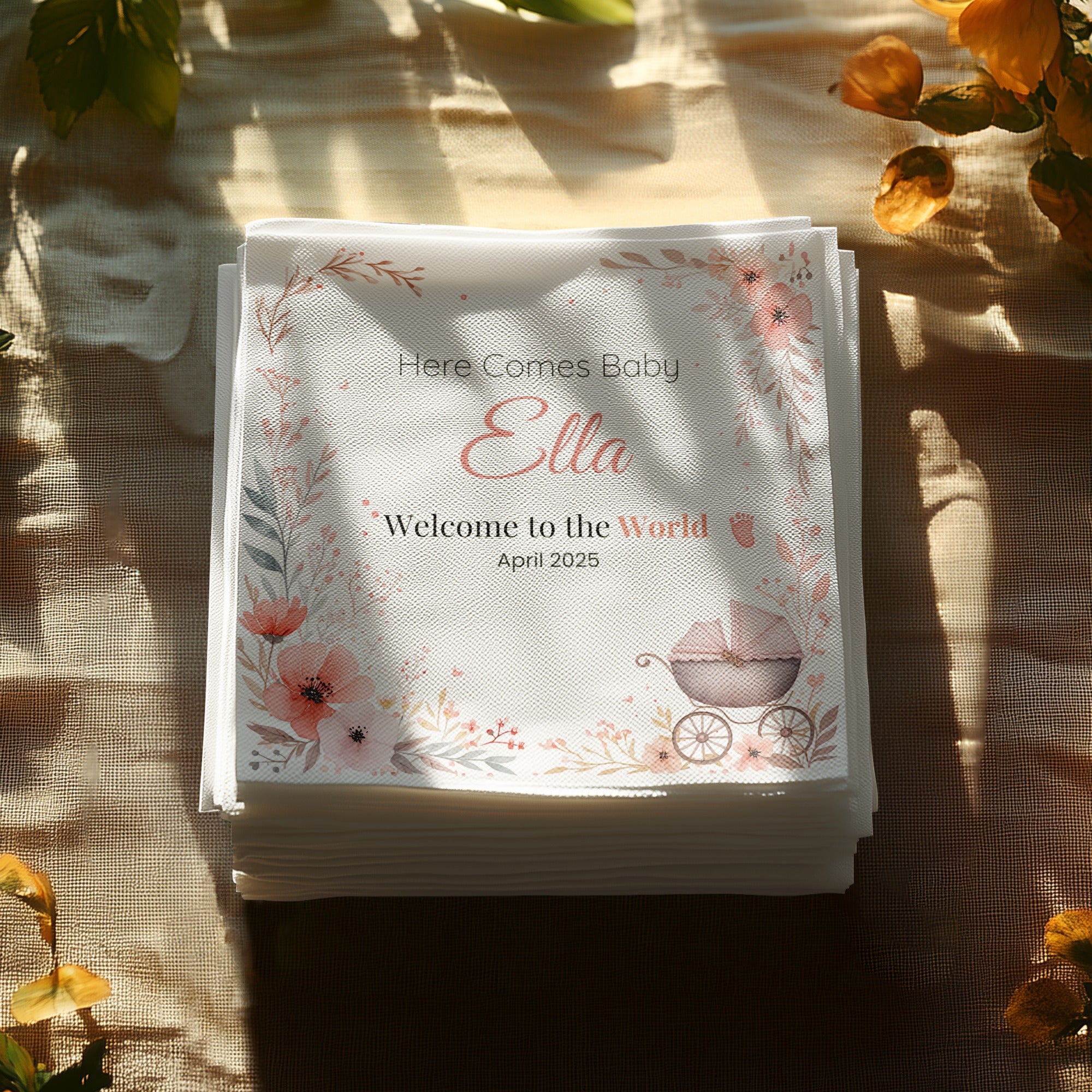 Personalized Baby Shower Napkins – Here Comes Baby – Custom Baby Shower Napkin with Vintage Carriage – Welcome Baby Theme