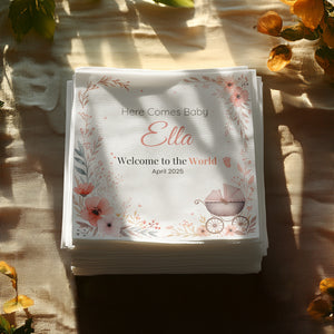 Personalized Baby Shower Napkins – Here Comes Baby – Custom Baby Shower Napkin with Vintage Carriage – Welcome Baby Theme