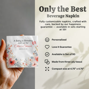 Personalized Baby Shower Napkins – A Baby Is Brewing – Custom Baby Shower Napkin with Florals & Footprints – Whimsical Tea Theme