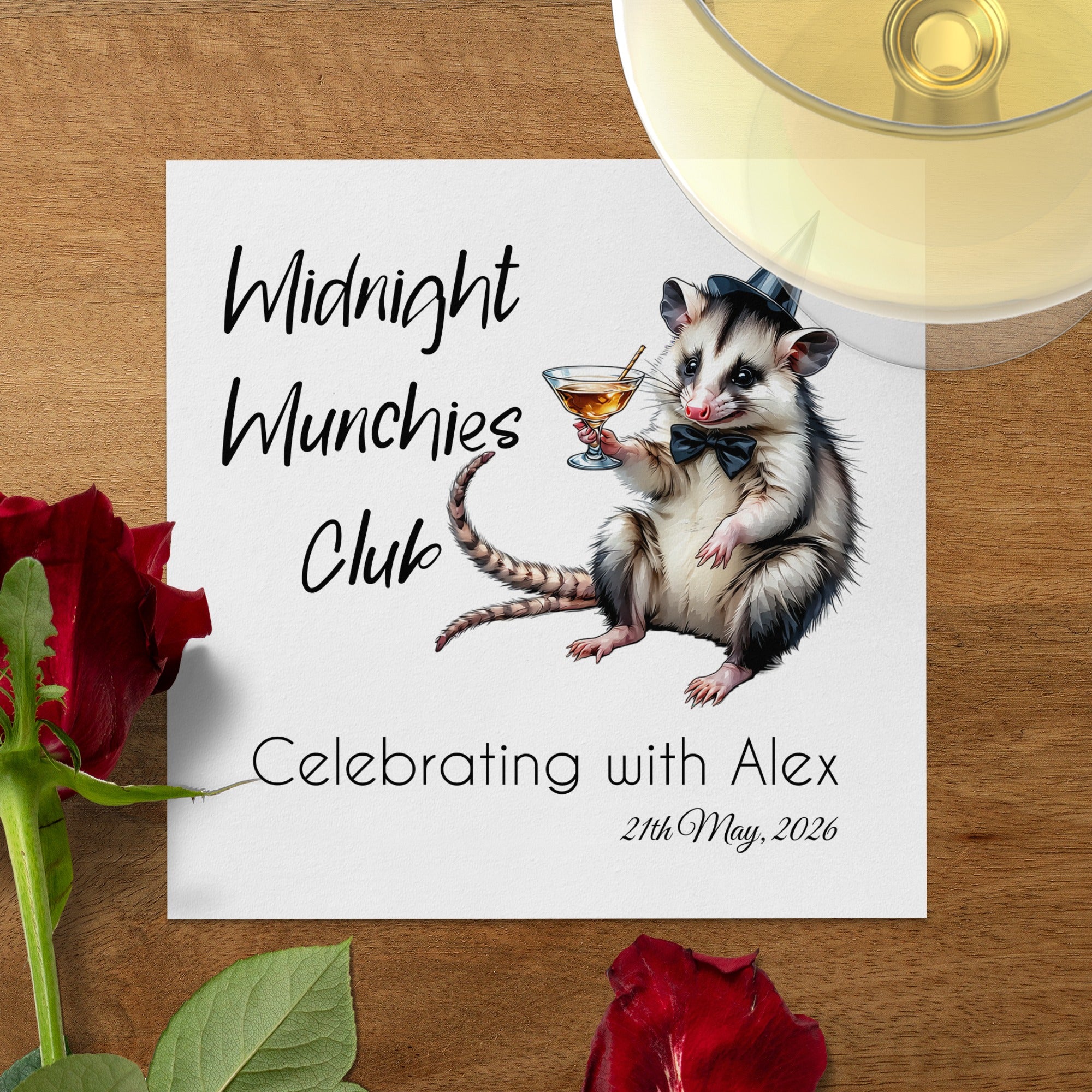 Midnight Munchies Opossum Napkin, Funny Party Napkin, Celebrating with Alex Napkin, Cocktail Napkin, Opossum Lover Gift, Party Decor