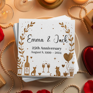 Personalized Anniversary Napkins – Golden Romance Design – Custom Elegant Napkin with Name & Years