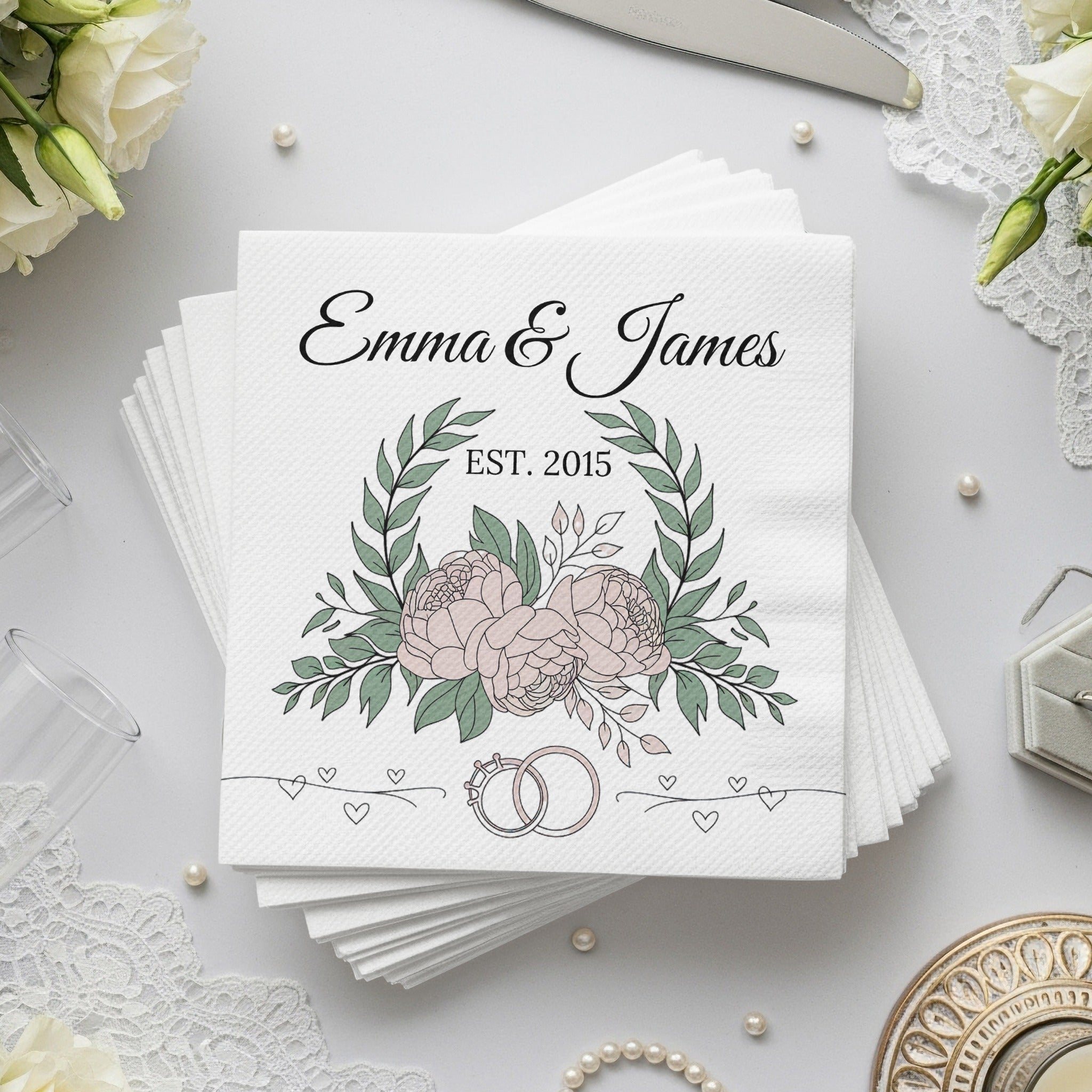 Personalized Wedding Napkins – Established Date with Rings – Custom Wedding Napkin with Floral Accents – Classic Botanical Theme