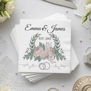 Personalized Wedding Napkins – Established Date with Rings – Custom Wedding Napkin with Floral Accents – Classic Botanical Theme